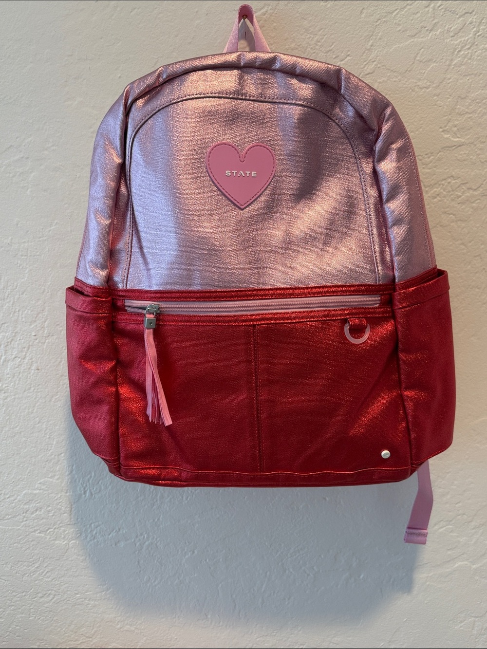 STATE Kane Double Pocket Kids Metallic Pink Red Colorblock Heart Backpack